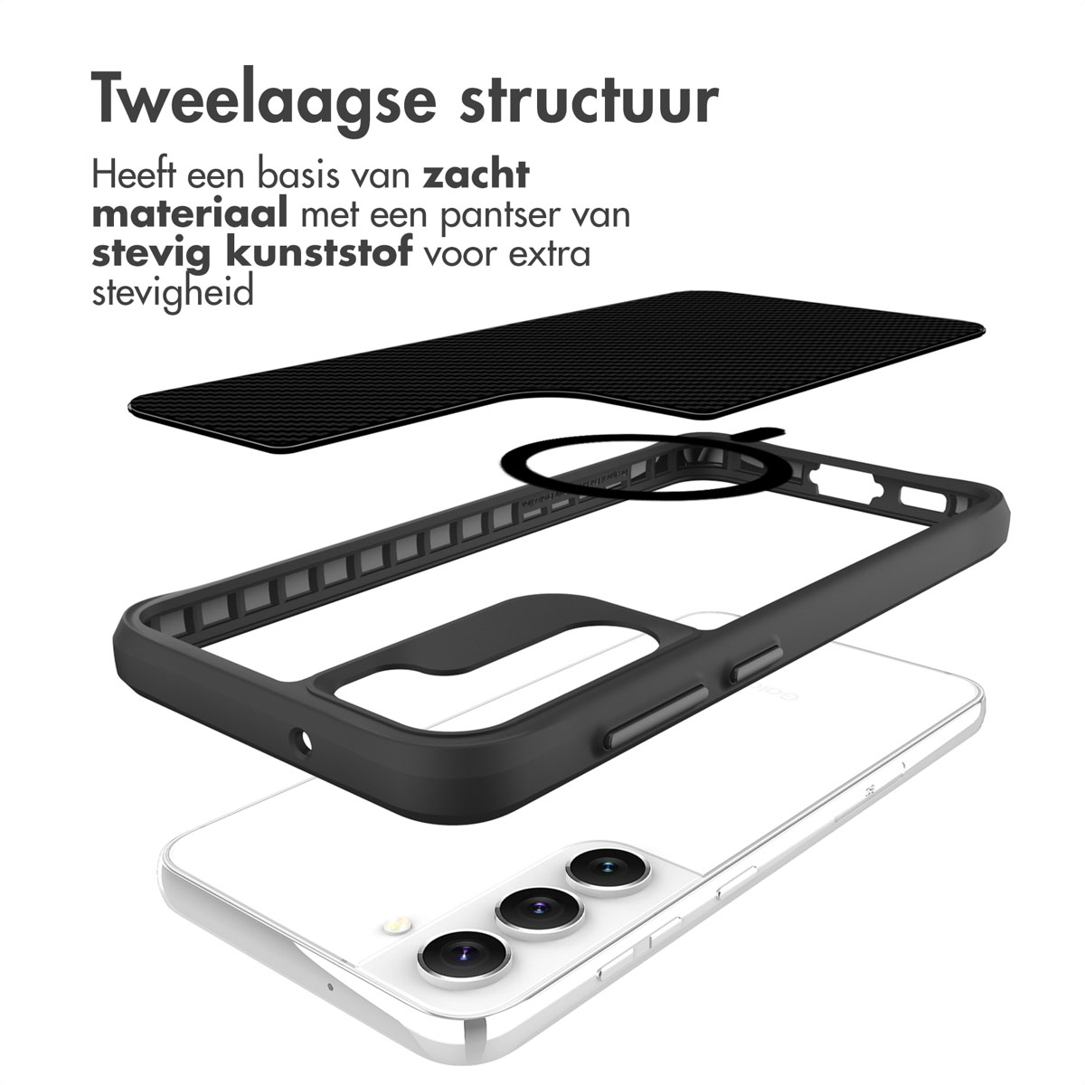 Black phone case with a white phone inside. Two-layer structure.