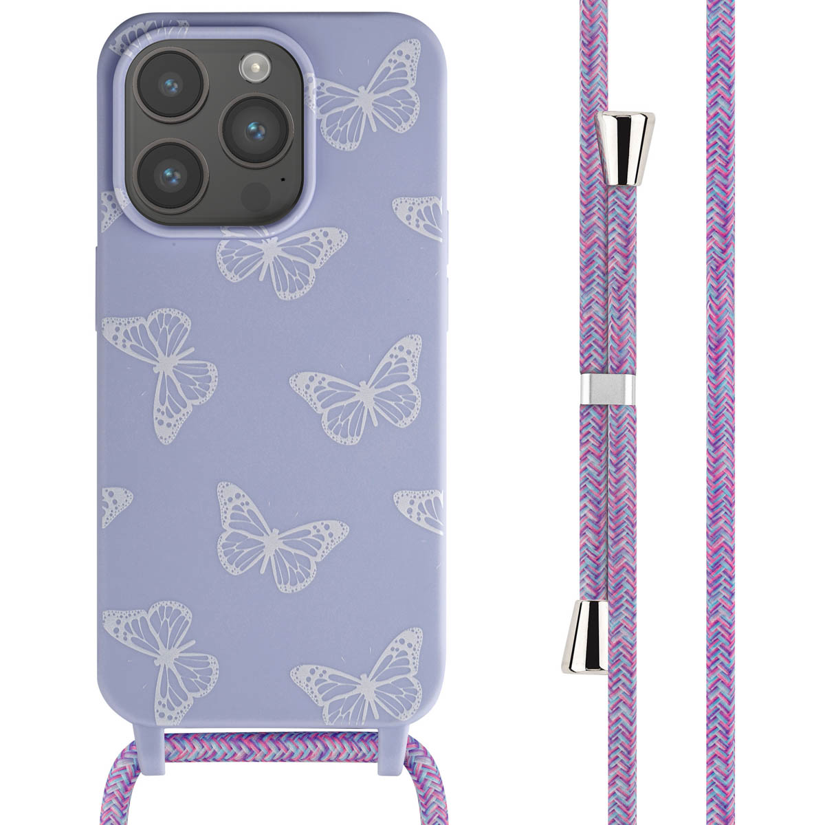 Paarse telefoonhoes met wit vlinderpatroon, bevestigd aan een paars-roze touw.