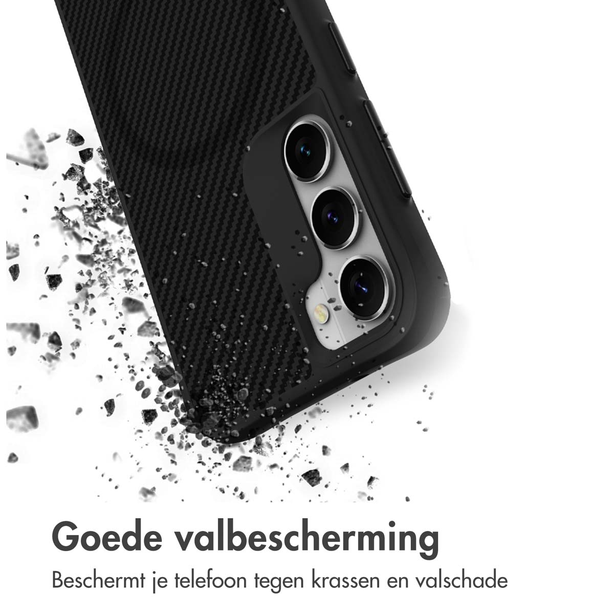 Black phone case with camera lenses, protecting against impact. Crumbling effect around the case. Text: Good fall protection.