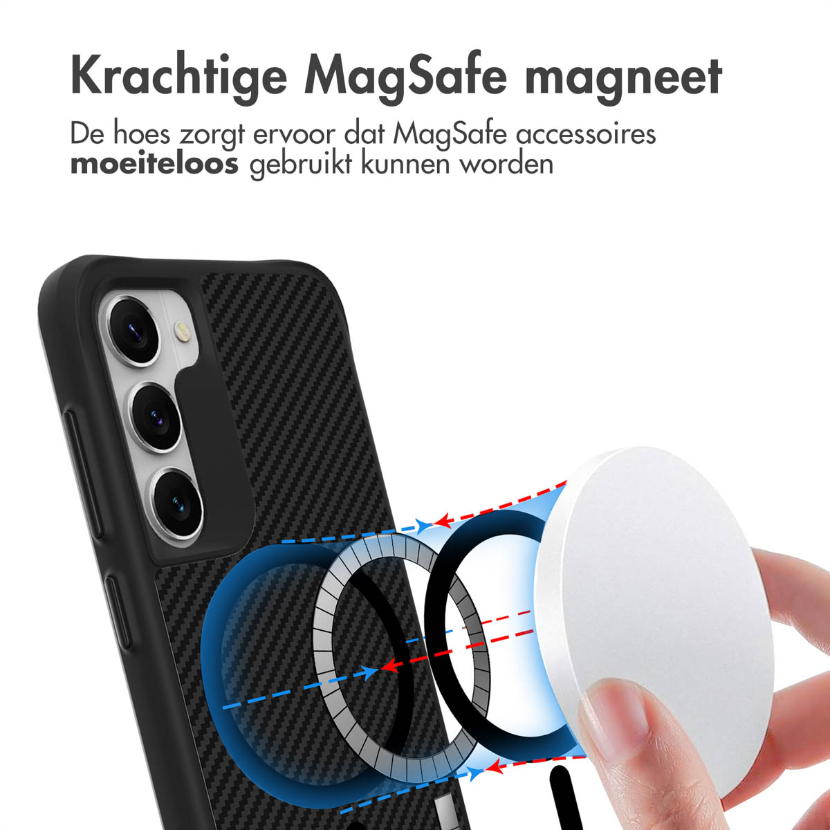 Black phone case with MagSafe ring and white magnetic accessory.
