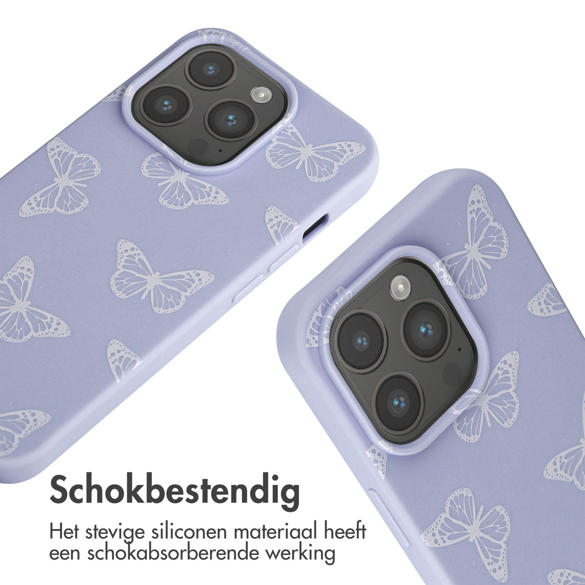 Lavendelkleurige telefoonhoesjes met vlinderpatroon en camerablok.