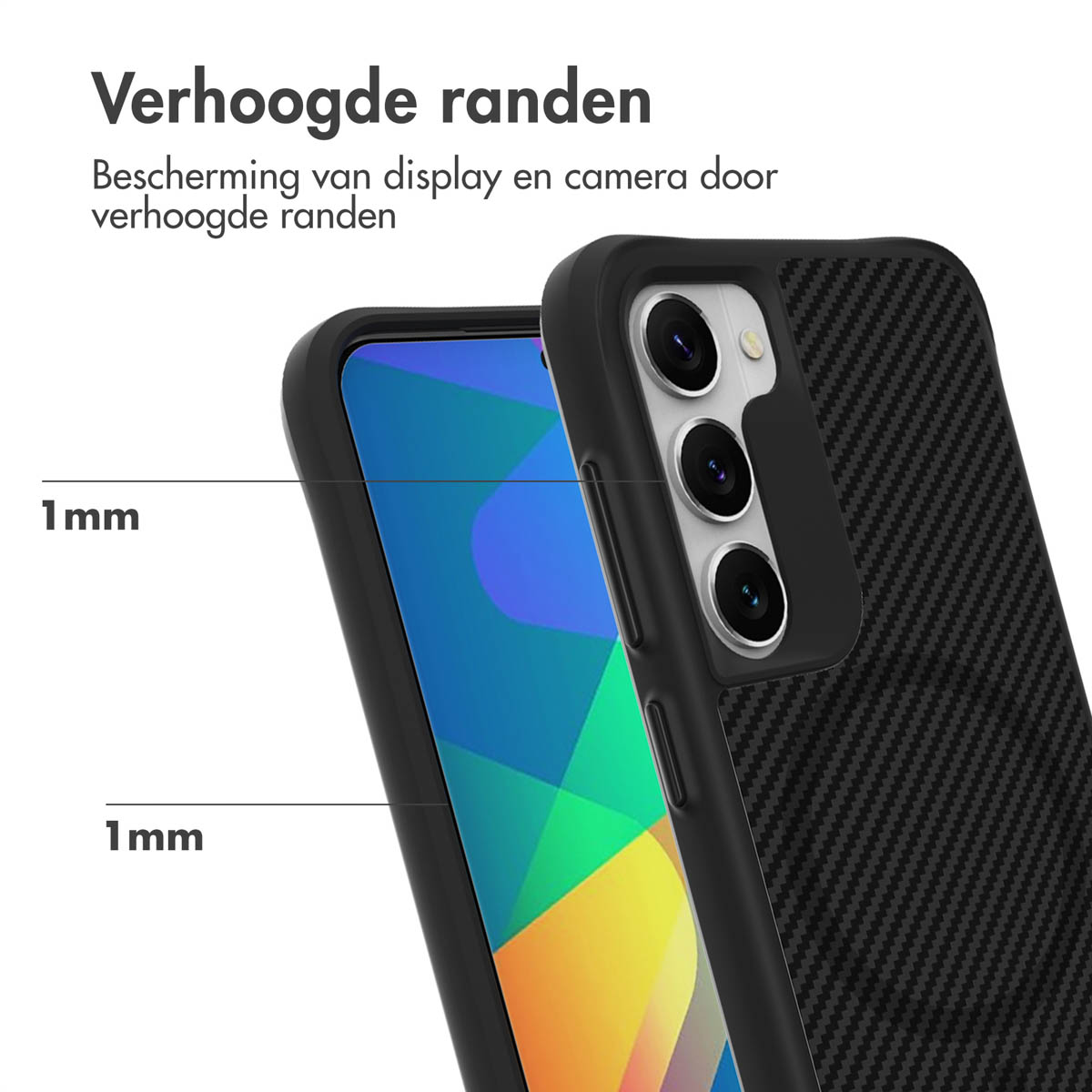 Black phone case with raised edges, 1mm protection for screen and camera.