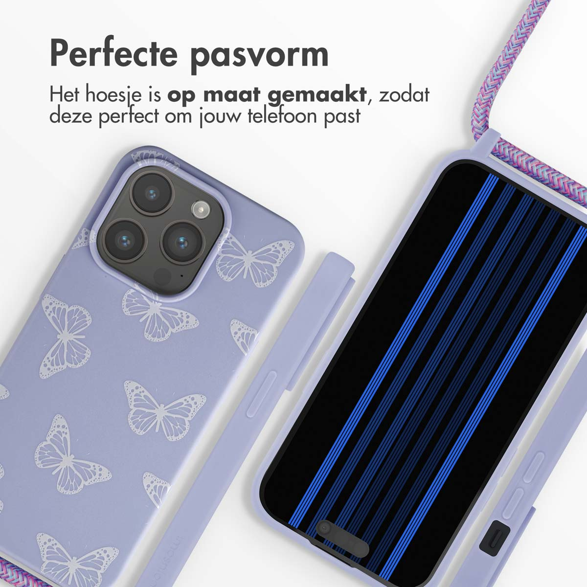 Een lichtpaarse telefoonhoes met vlinderpatroon en een telefoonachterkant met blauwe strepen.