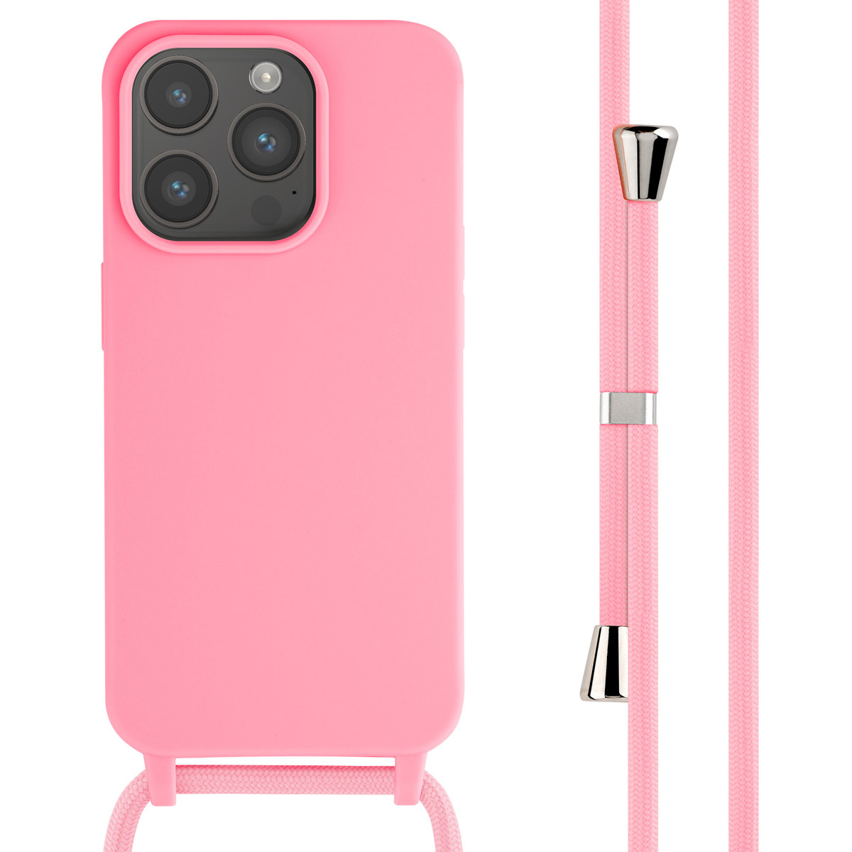 Roze telefoonhoesje met koord. Zilveren accenten op de riem.