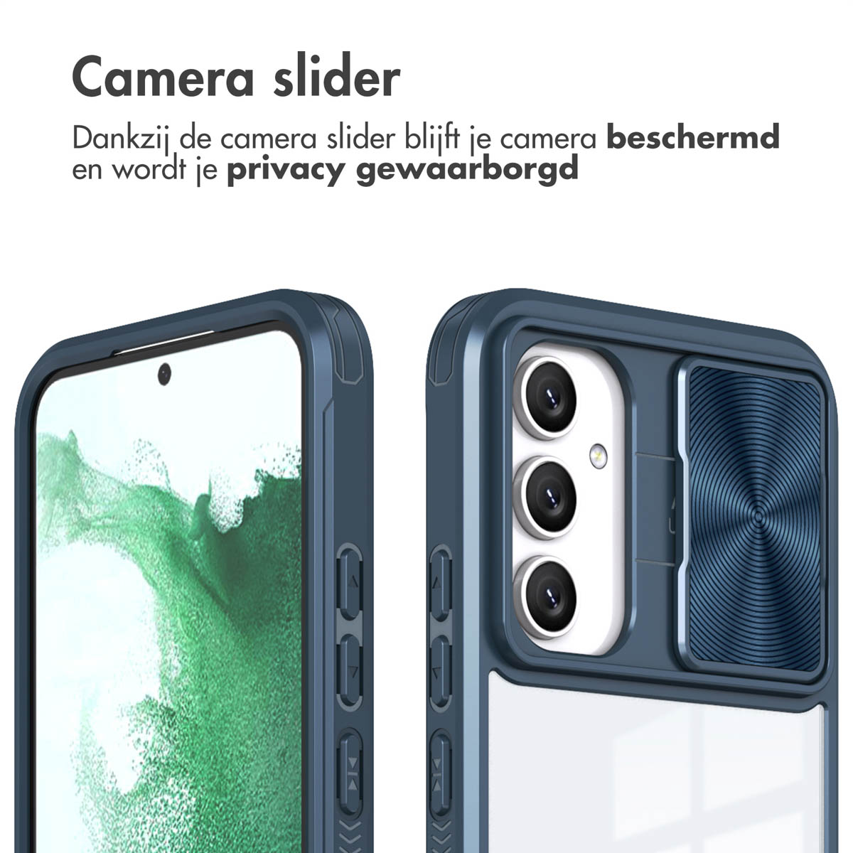 Donkerblauwe telefoonhoes met cameraschuif. Tekst: cameraschuif, privacy gegarandeerd.