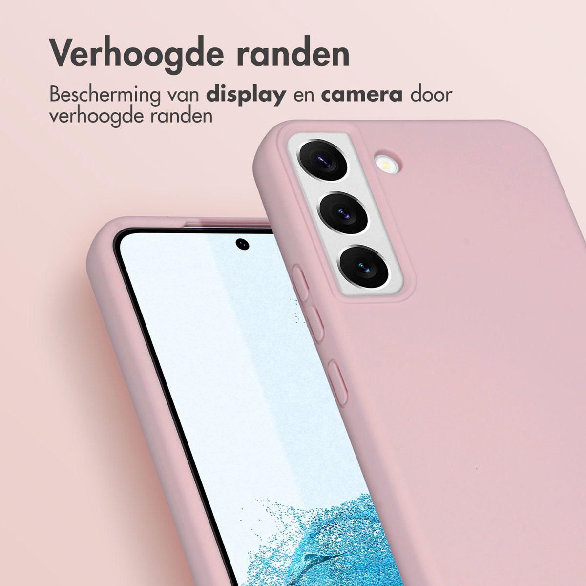 Een roze telefoonhoes met verhoogde randen beschermt het display en de camera.