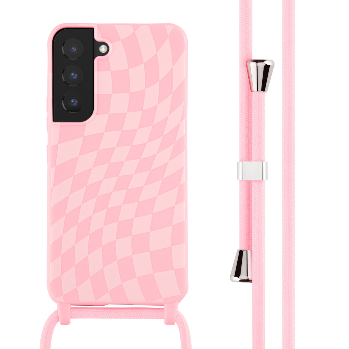Roze telefoonhoes met een dambordpatroon en een roze koord. Zilveren accenten op het koord.