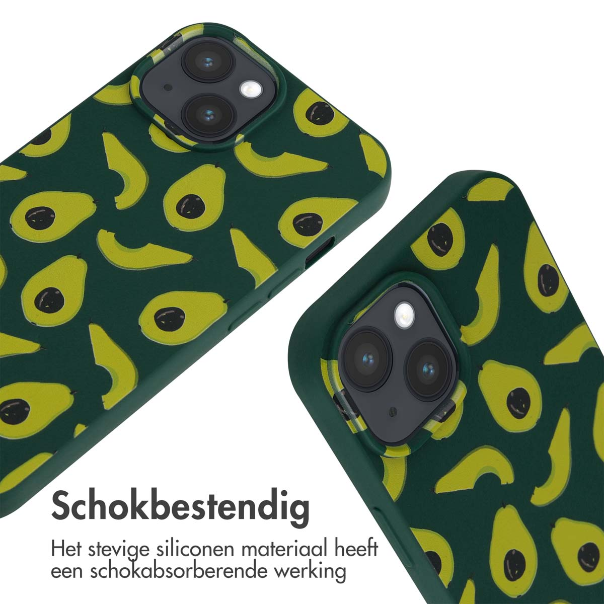 Dark green phone cases with avocado pattern and camera cutout.