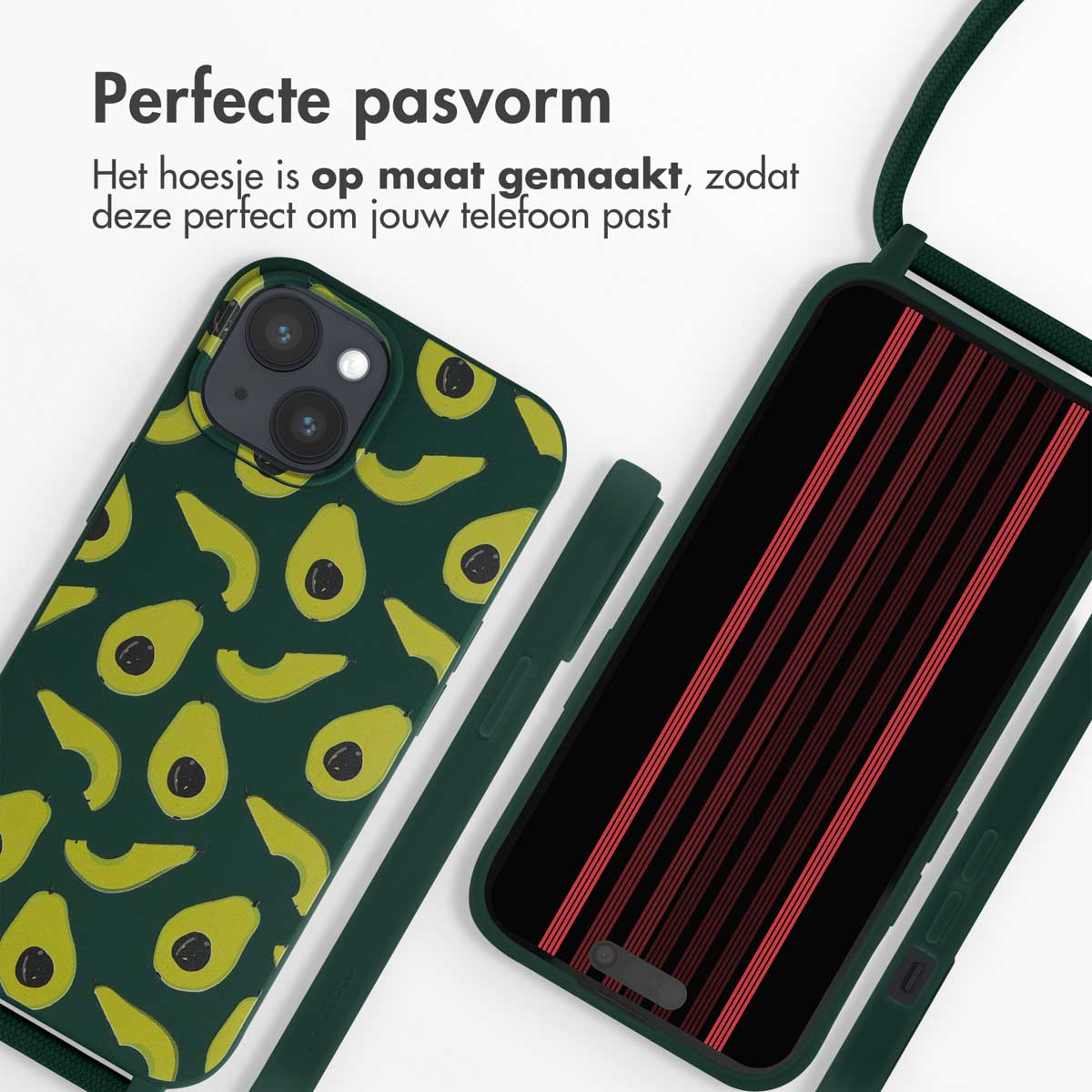 Dark green phone case with avocado pattern and red striped back.