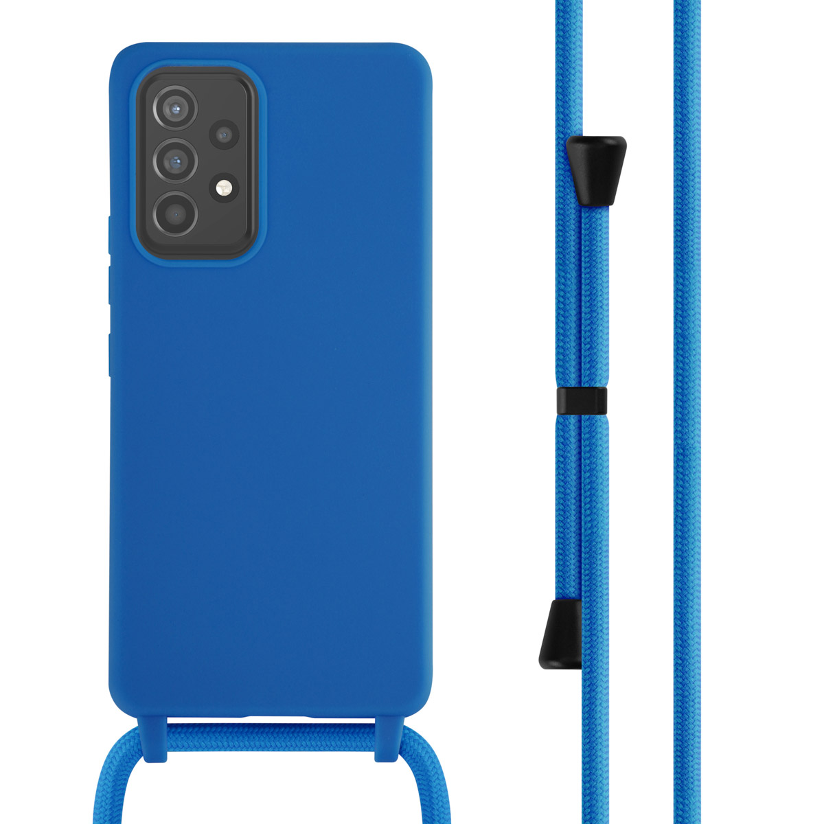 Coque de téléphone bleue avec cordon. Accents noirs et argentés sur la sangle.