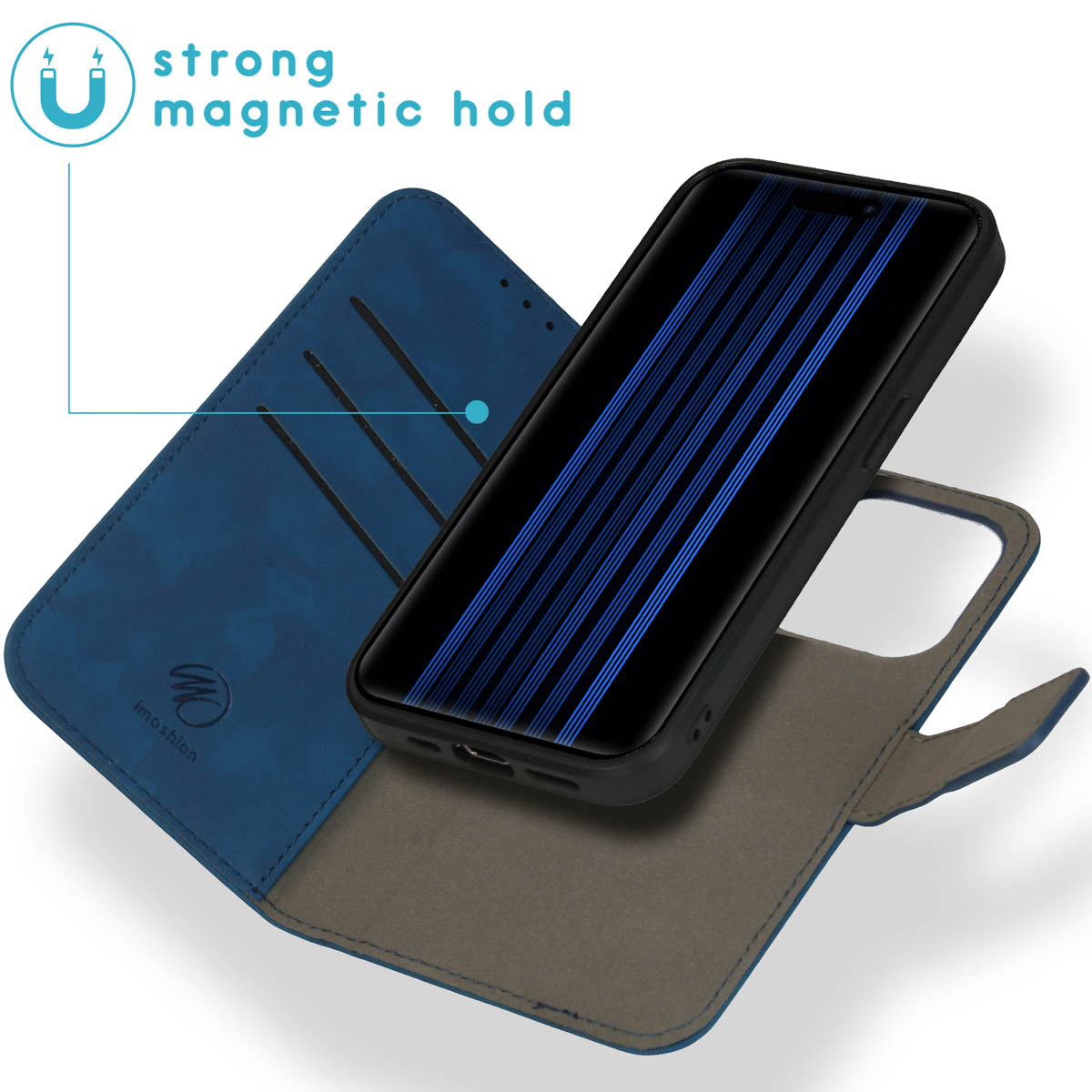 Blauw flip telefoonhoesje met magnetische sluiting en telefoon.