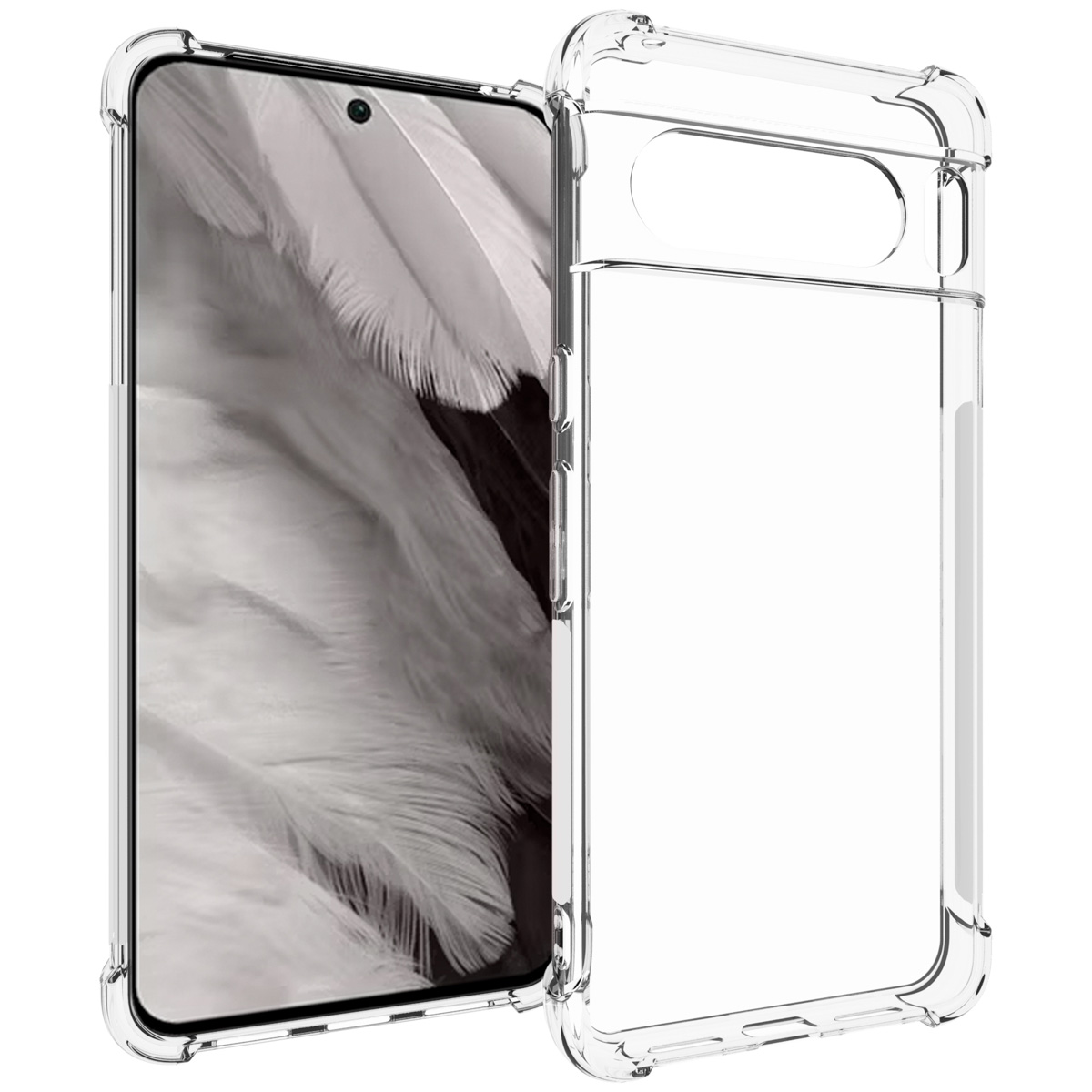 Une coque de téléphone transparente avec coins renforcés, à côté d'un smartphone.