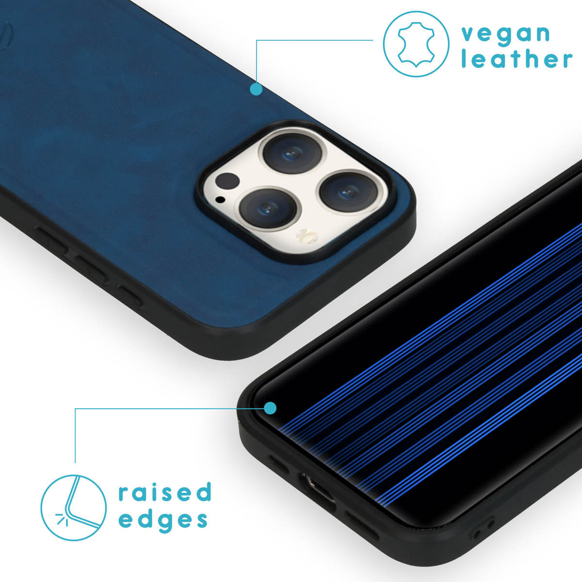 Blauw veganistisch leren telefoonhoesje met verhoogde randen.