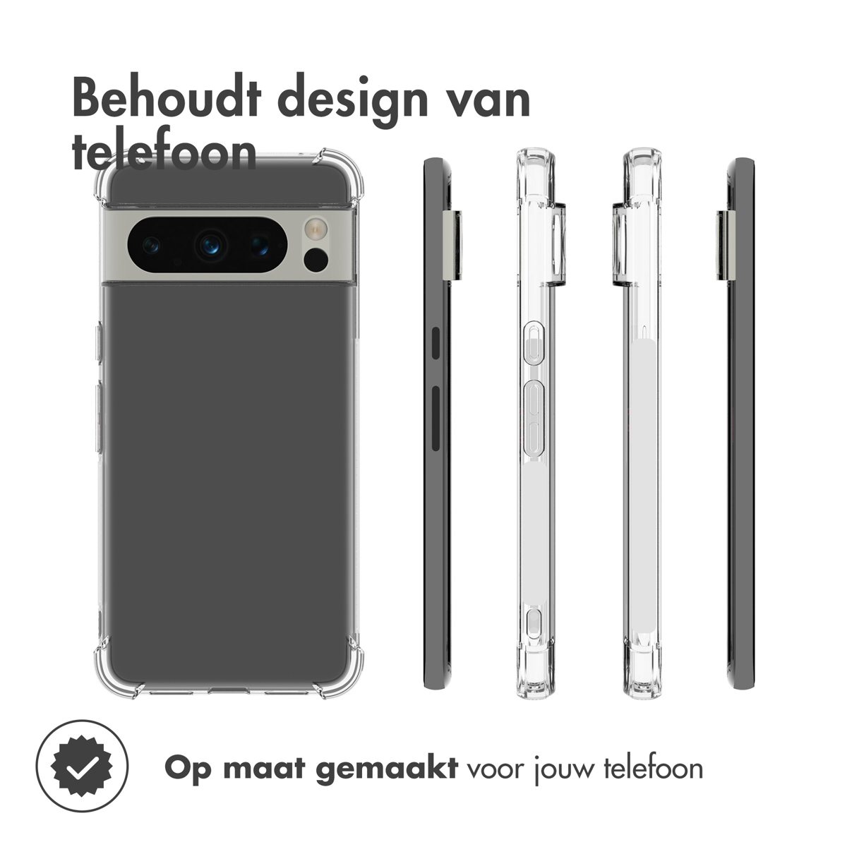 Coque transparente sur un téléphone gris. Plusieurs angles du téléphone et de la coque sont affichés.