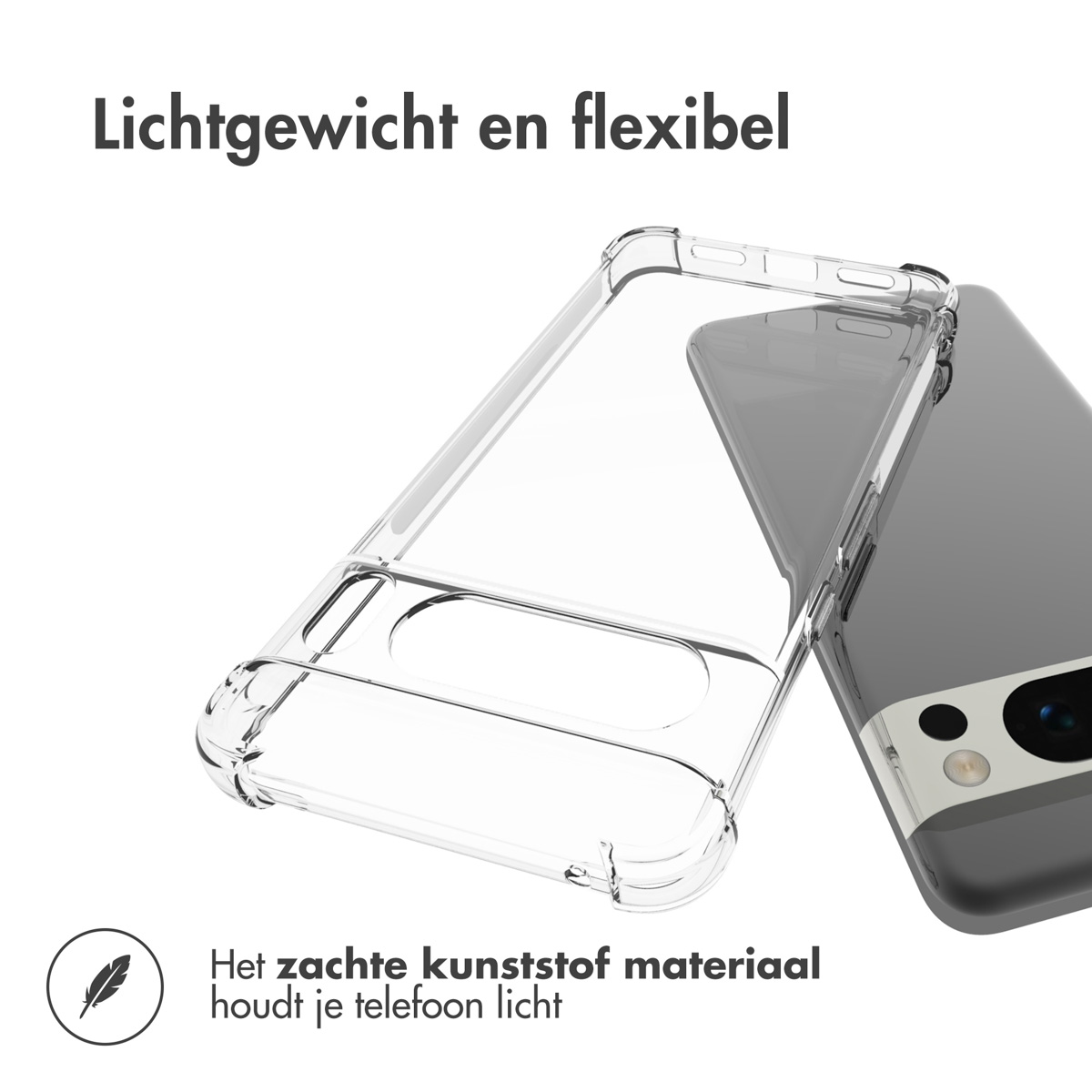 Une coque transparente à côté d'un téléphone gris. Le texte dit léger et flexible.