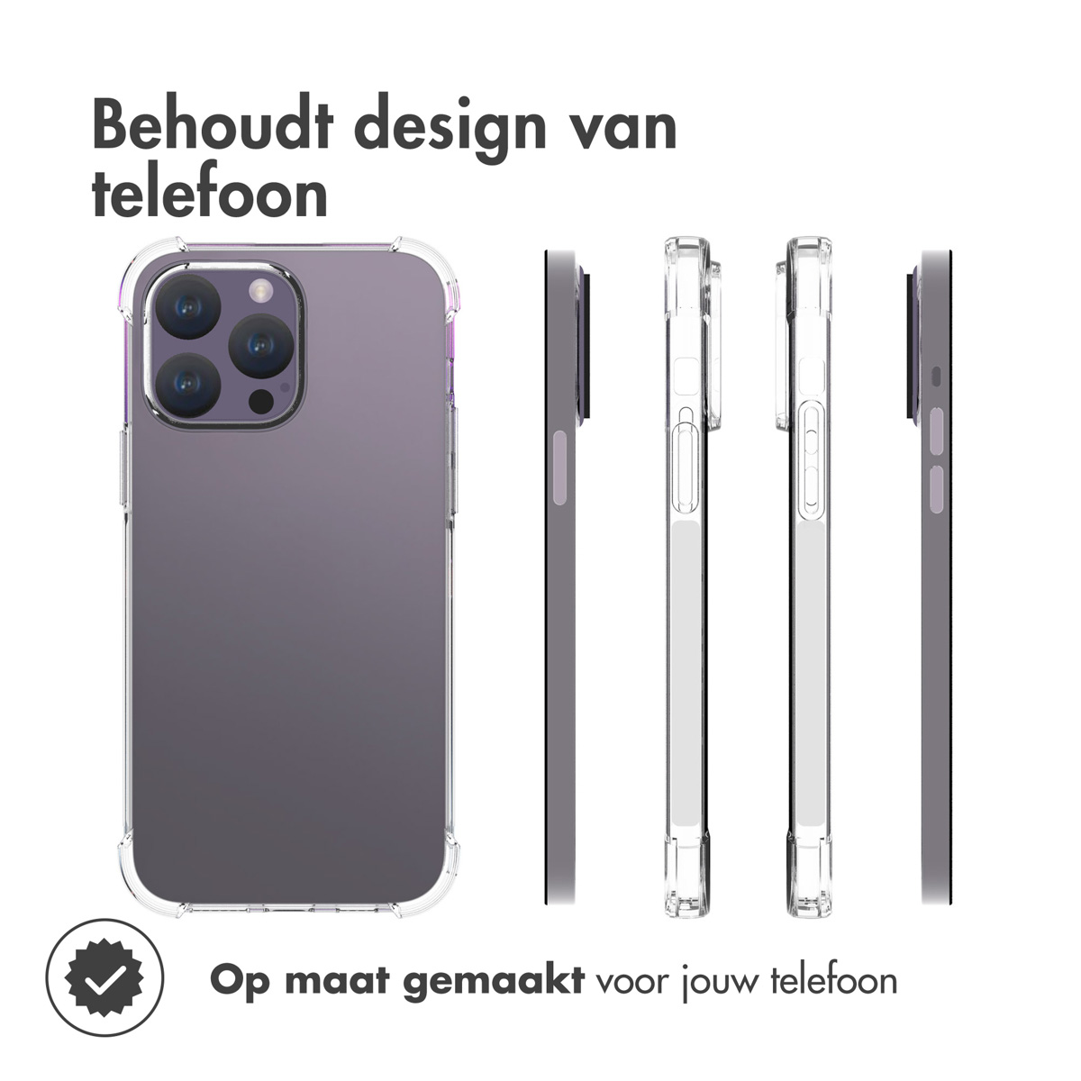 Un téléphone dans un étui transparent. Le téléphone est montré sous plusieurs angles. Le texte dit sur mesure.