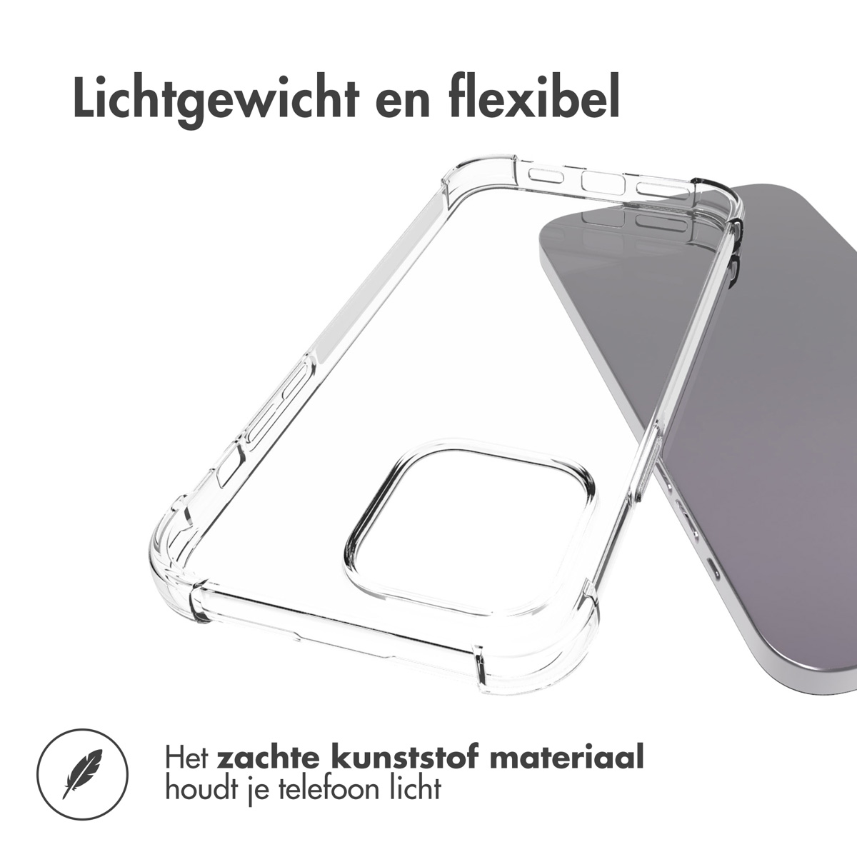 Coque de téléphone transparente, transparente et flexible. Le téléphone est partiellement visible et gris.