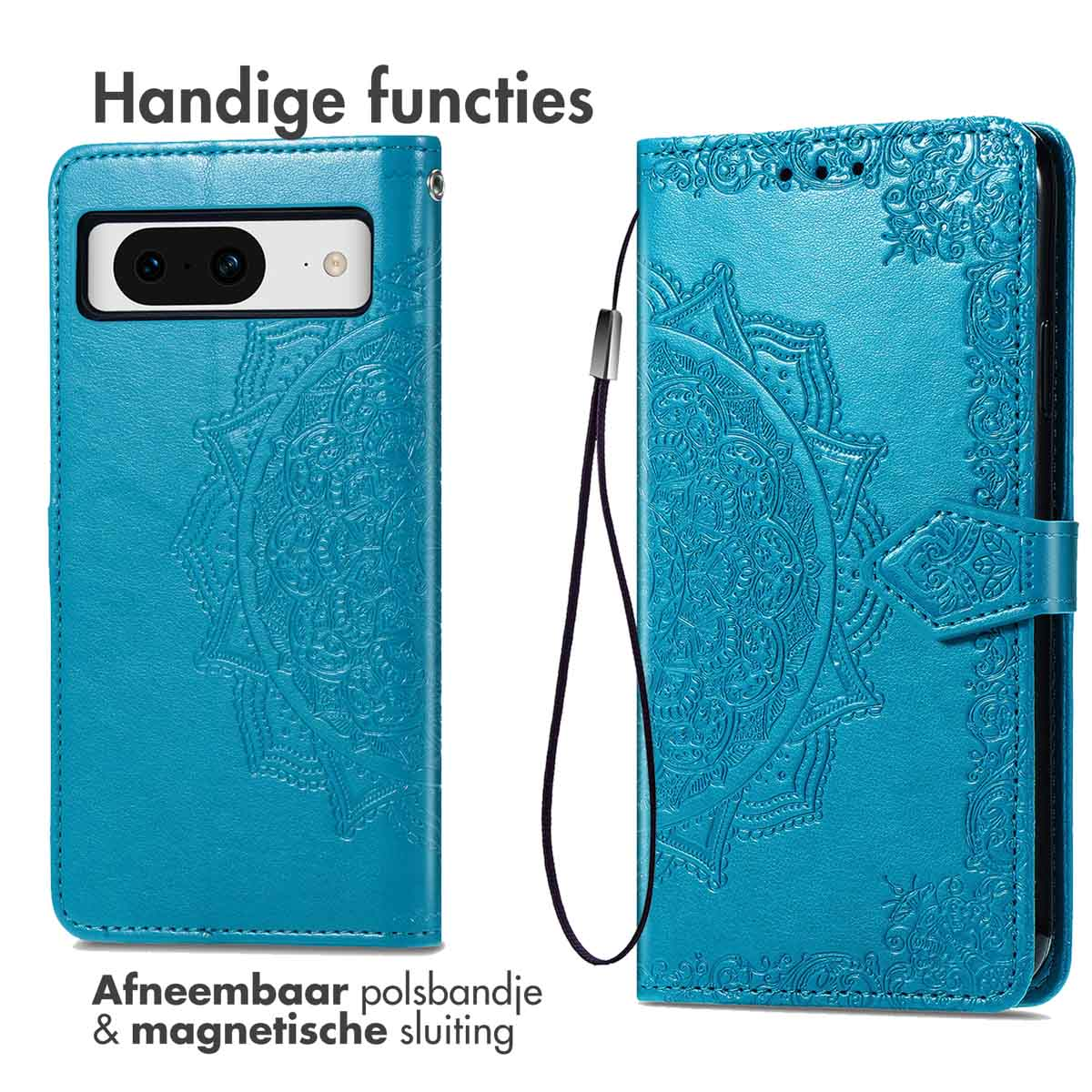 Blauwe flip telefoonhoes met mandala patroon, camera-uitsparing en bandje.