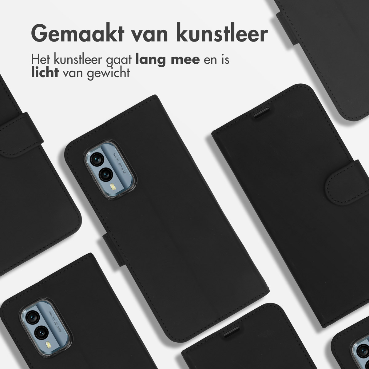 Zwarte telefoonhoesjes in close-up, met tekst in het Nederlands.