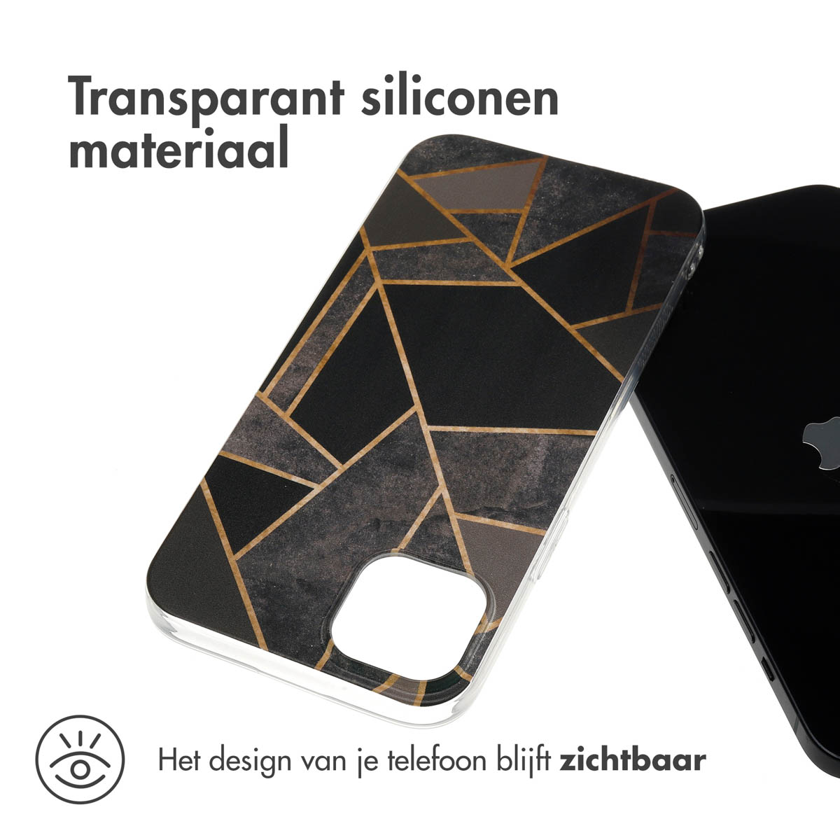 Transparante telefoonhoes met een geometrisch patroon. Het ontwerp van je telefoon blijft zichtbaar.