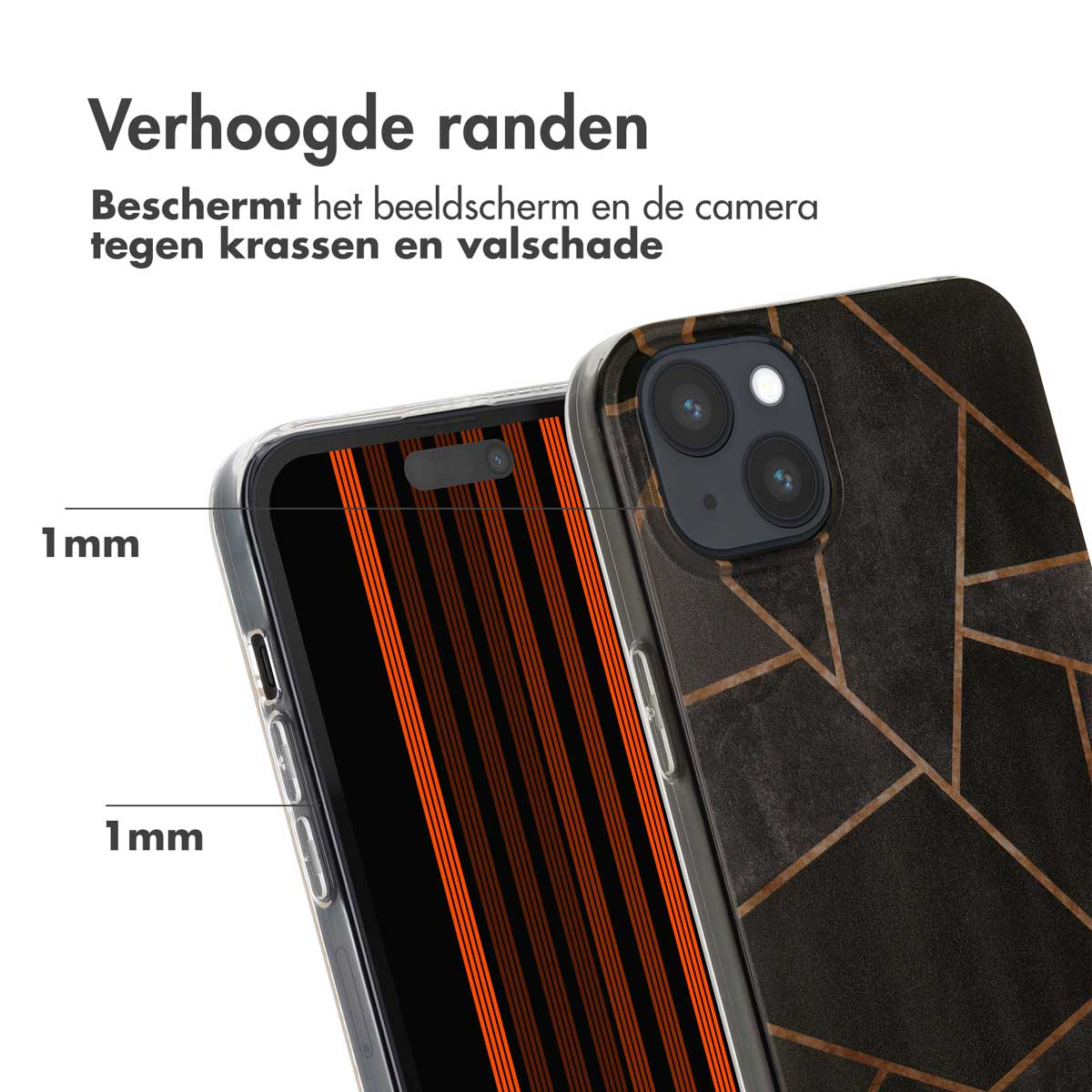 Telefoonhoesje met een zwart en goud geometrisch patroon. Zijaanzicht toont bescherming.
