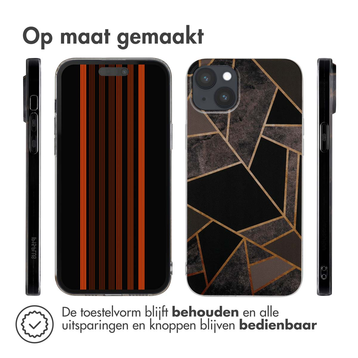Telefoonhoesjes. Drie aanzichten van een telefoon met een hoesje. De hoes heeft oranje en zwarte strepen en geometrische vormen.