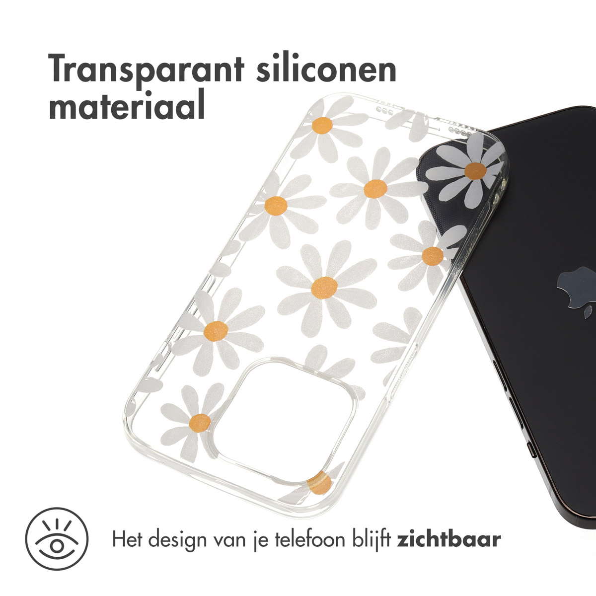 Transparante telefoonhoes met madeliefjespatroon op een zwarte telefoon. Tekst: 'Transparant siliconen materiaal'.
