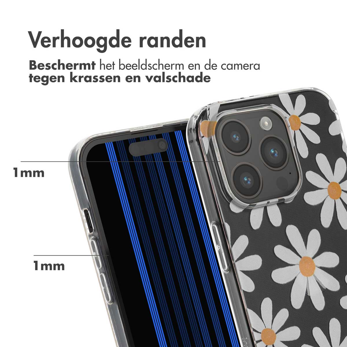 Verhoogde randen op een telefoonhoes met bloemenpatroon en camera.