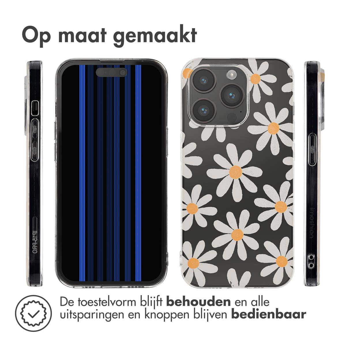 Drie telefoonhoesjes: een met blauwe lijnen, een met madeliefjes en een effen. Tekst bovenaan, tekst onderaan beschrijft het product.