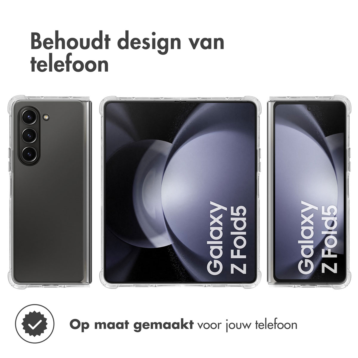 Custodie per telefono. Tre viste di un telefono con una custodia trasparente. La custodia ha un design per proteggere il telefono.