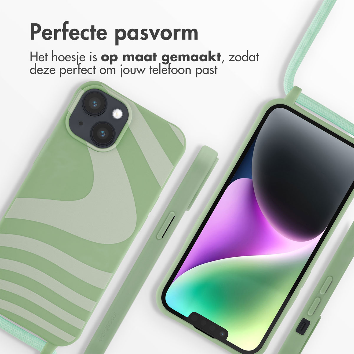 Hellgrüne Handyhülle mit Wellenmuster und passendem Telefon.