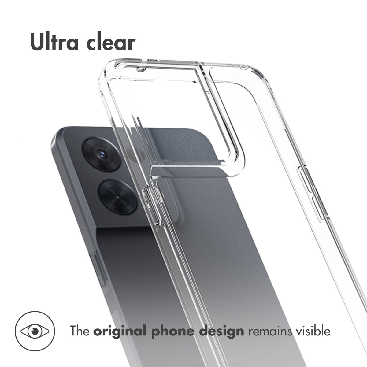 Coque transparente sur un téléphone gris. La coque est transparente, montrant le design du téléphone.
