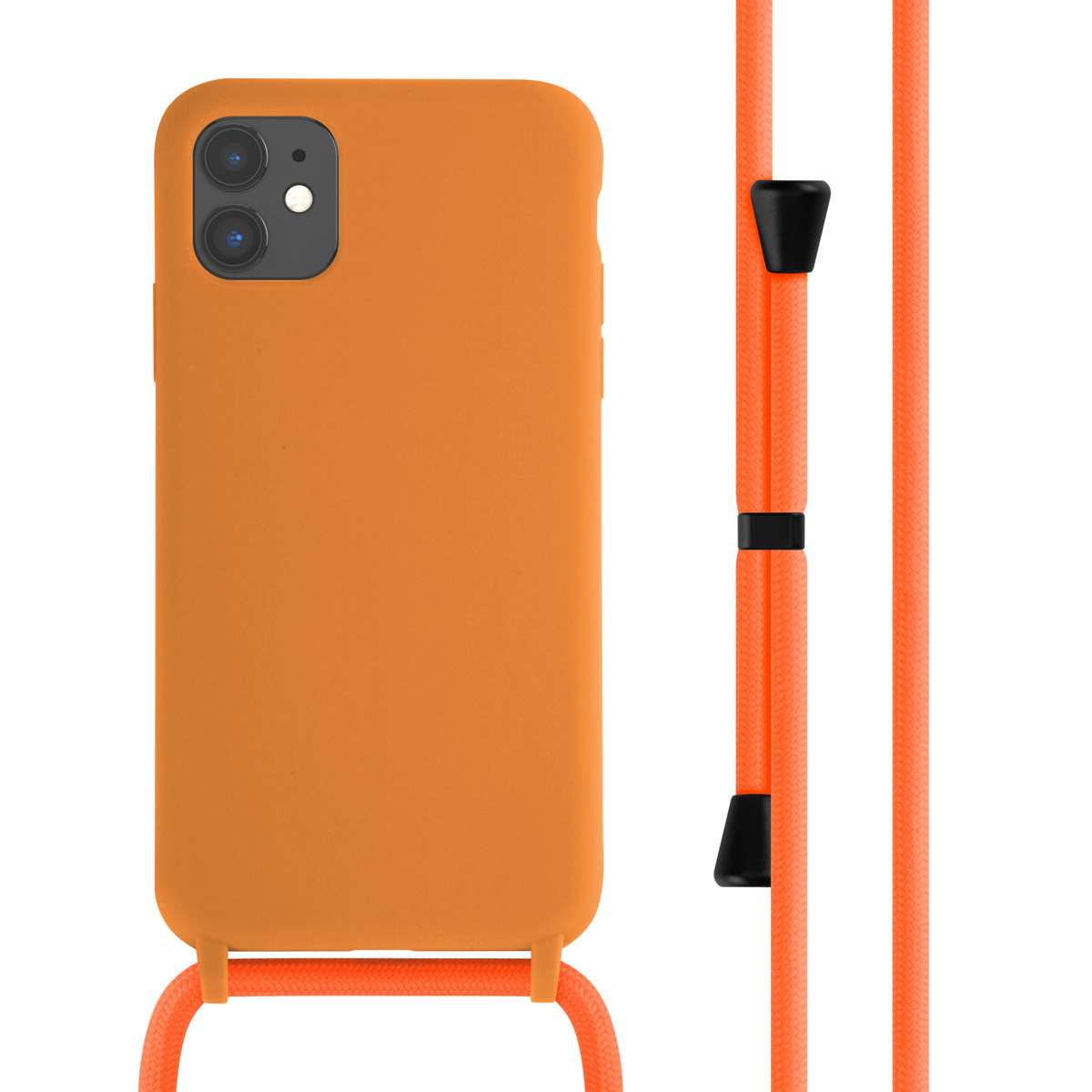 Een oranje telefoonhoesje met een oranje koord. Het koord heeft zwarte en zilveren accenten.