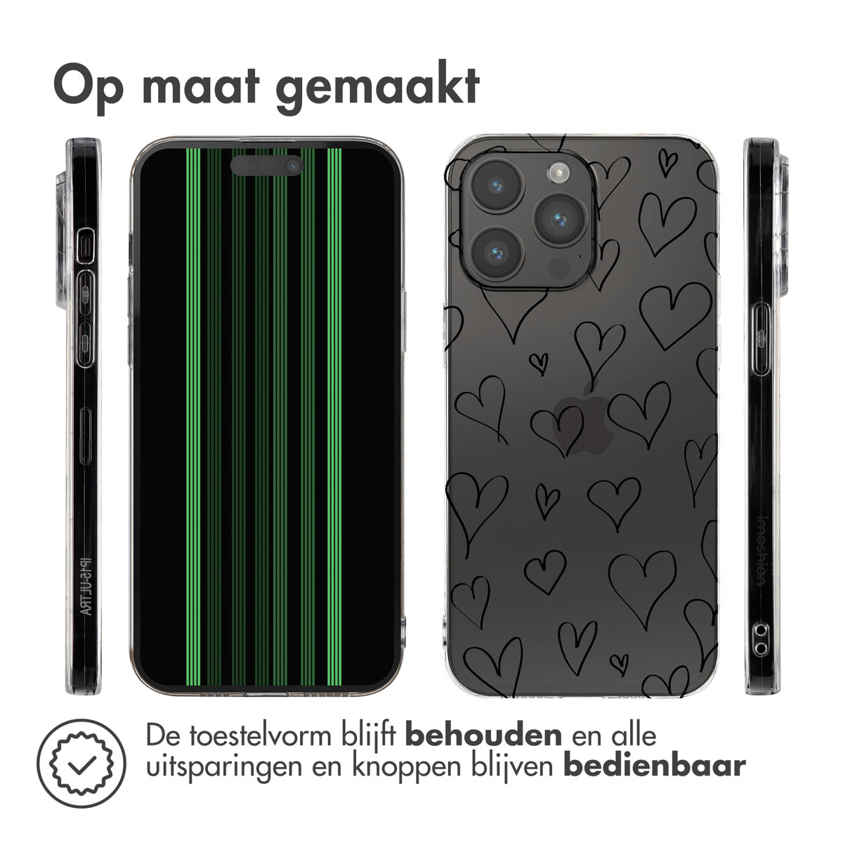 Cover nera per telefono con strisce verdi e fantasia a cuori.