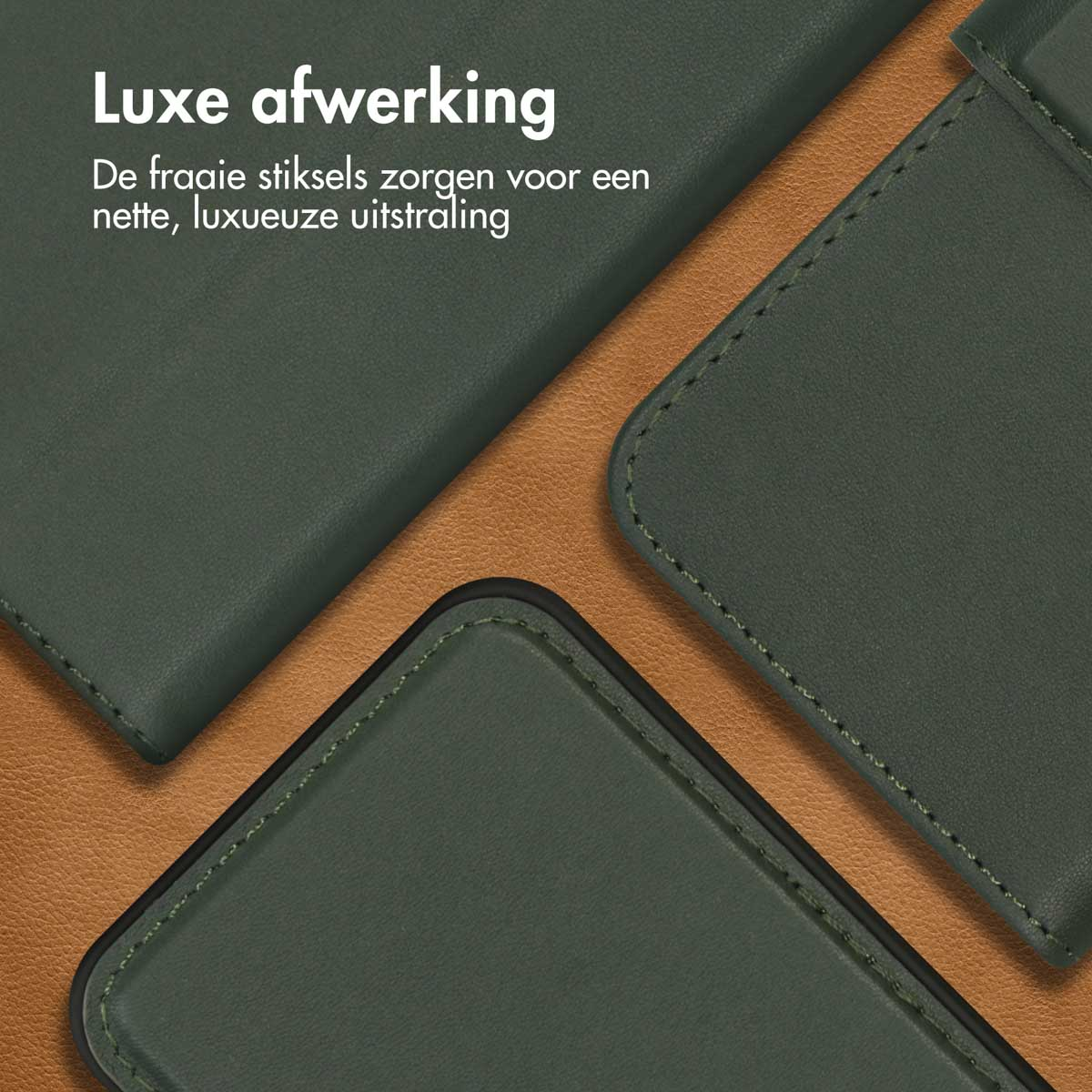 Close-up van een groene telefoonhoes met gestikte details, die het materiaal tonen.