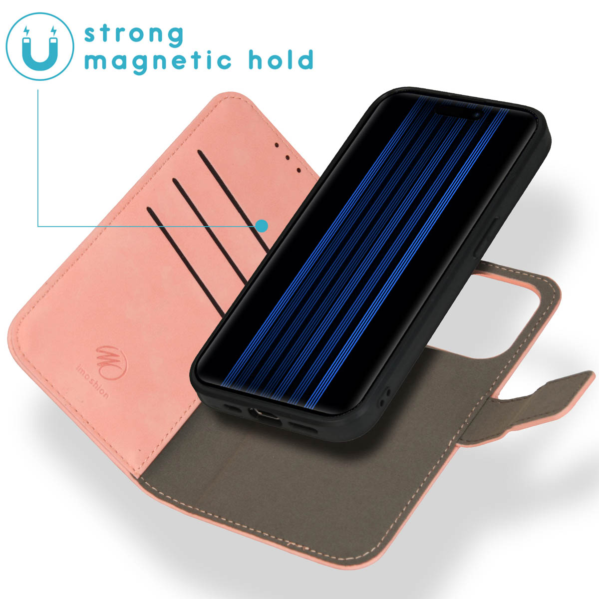 Un étui portefeuille rose pour téléphone avec des fentes pour cartes et un téléphone noir.