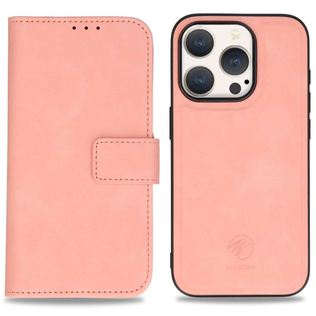Un étui portefeuille rose pour iPhone et un étui séparé avec trois caméras.