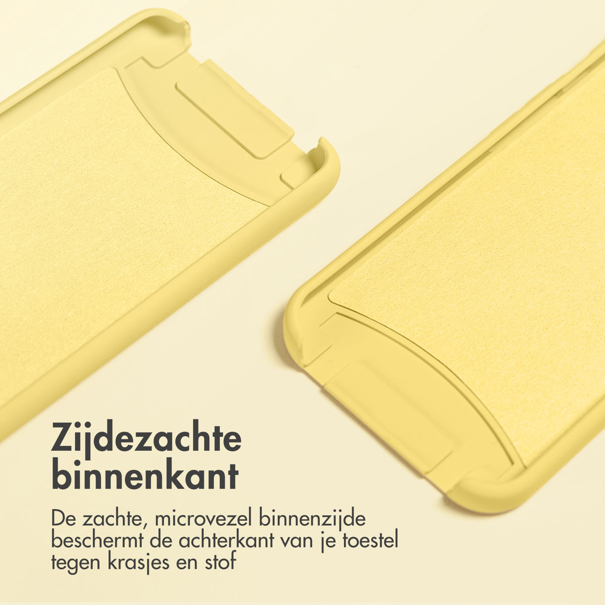Nahaufnahme von zwei gelben Handyhüllen-Teilen. Weiches Mikrofaser-Innenfutter schützt.
