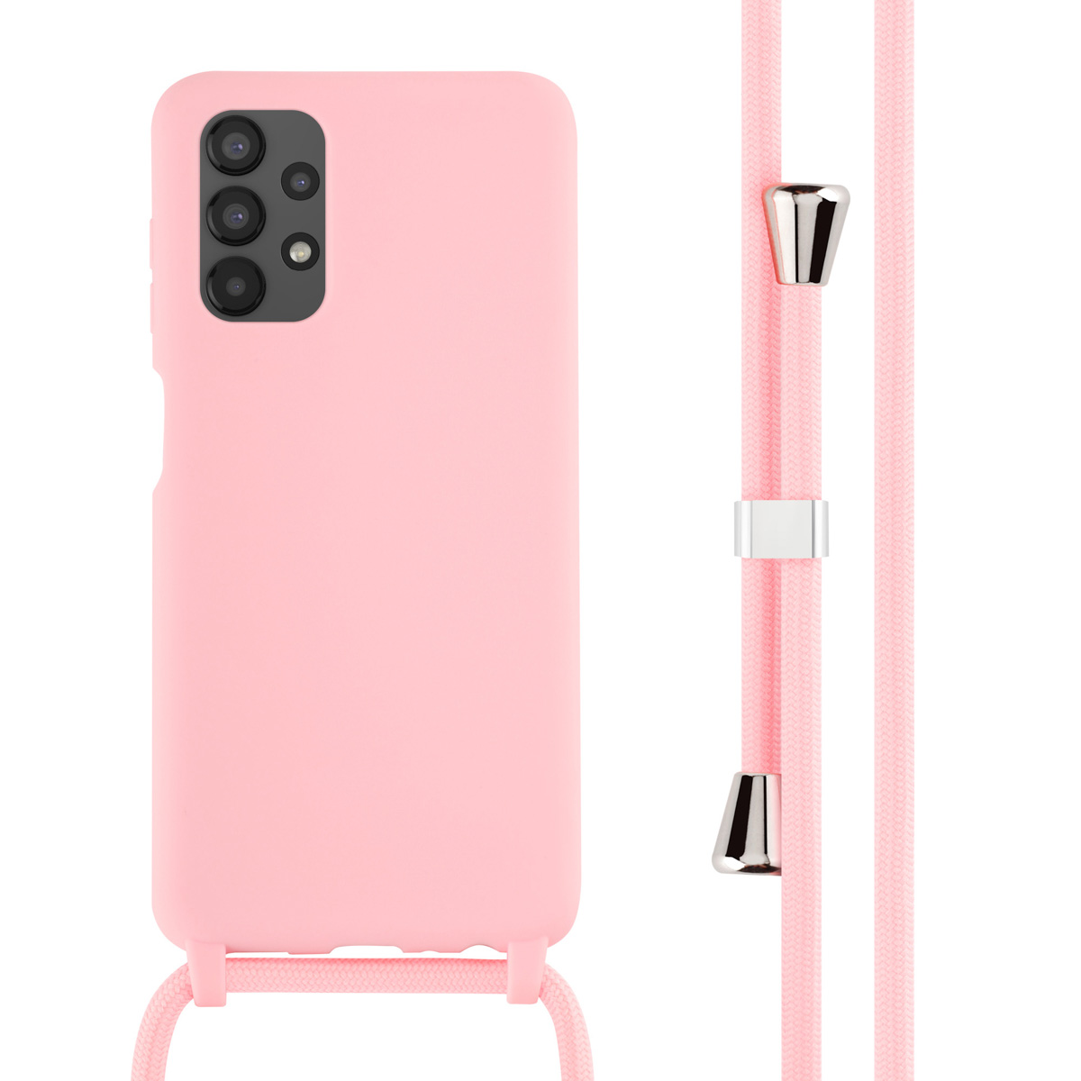 Pink phone case with a pink cord and silver details.