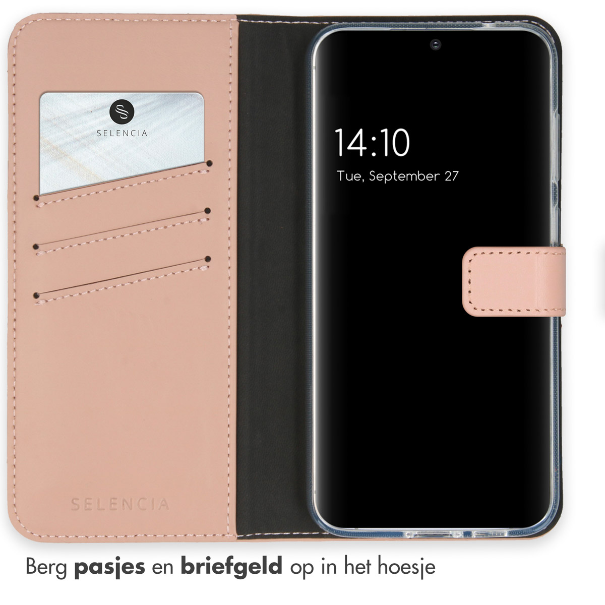 Étui de téléphone rose ouvert avec une carte et un téléphone affichant l'heure.