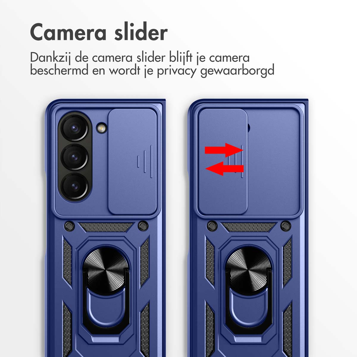 Blauwe telefoonhoes met cameraschuif, pijlen tonen het openen/sluiten.