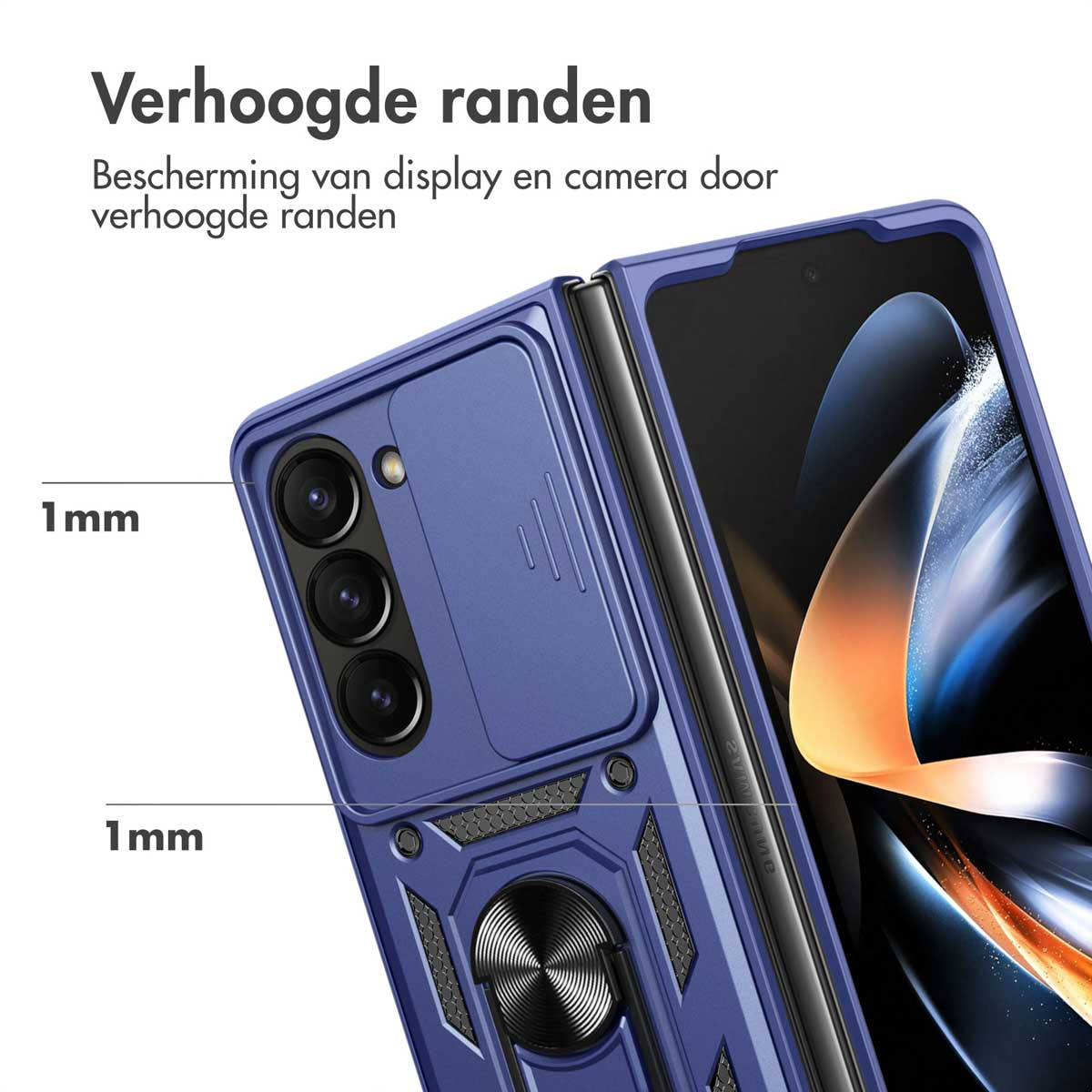 Blauwe telefoonhoes met camera- en schermbescherming. Het heeft een ringhouder.