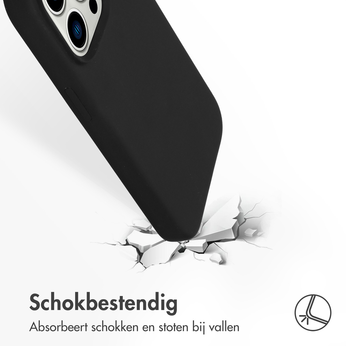 Zwarte telefoonhoes raakt een krakend wit oppervlak.