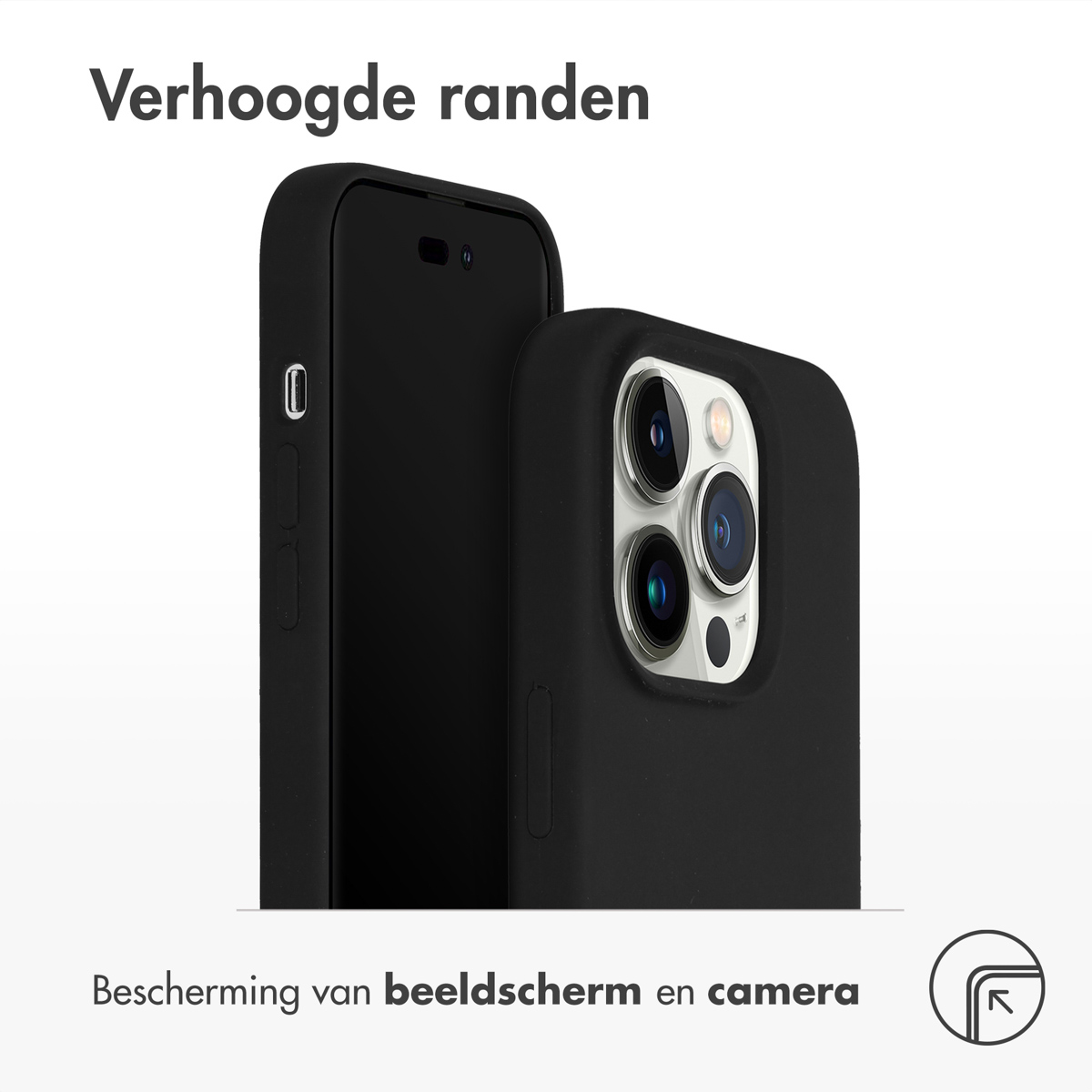 Twee zwarte telefoonhoesjes, één met de achterkant van de camera naar voren.