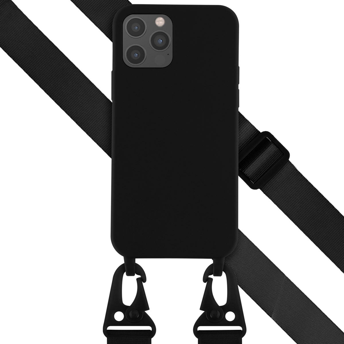 Zwarte telefoonhoes met band. Twee zwarte clips. Witte achtergrond.