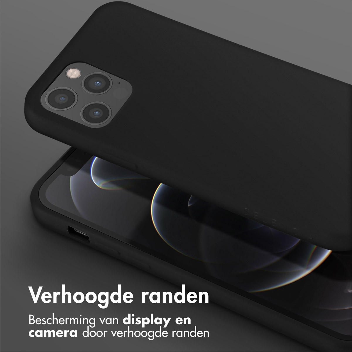 Zwarte telefoonhoes met scherm- en camerabescherming, tekst in het Nederlands.