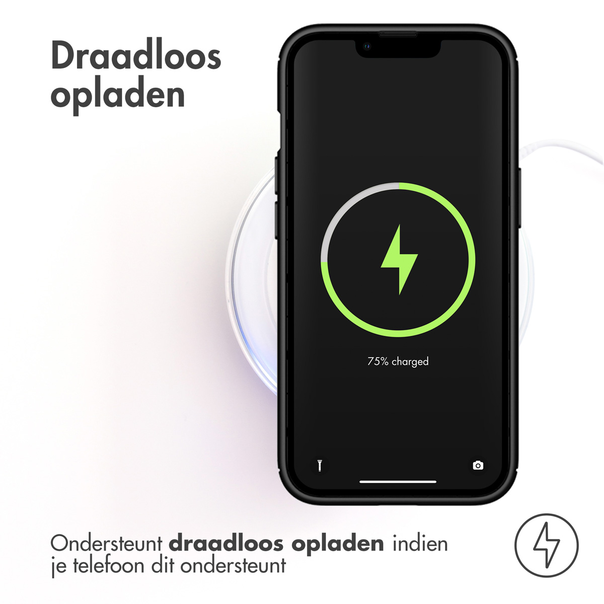 Telefoon draadloos opladen. Het scherm toont een groene bliksem, 75% opgeladen.