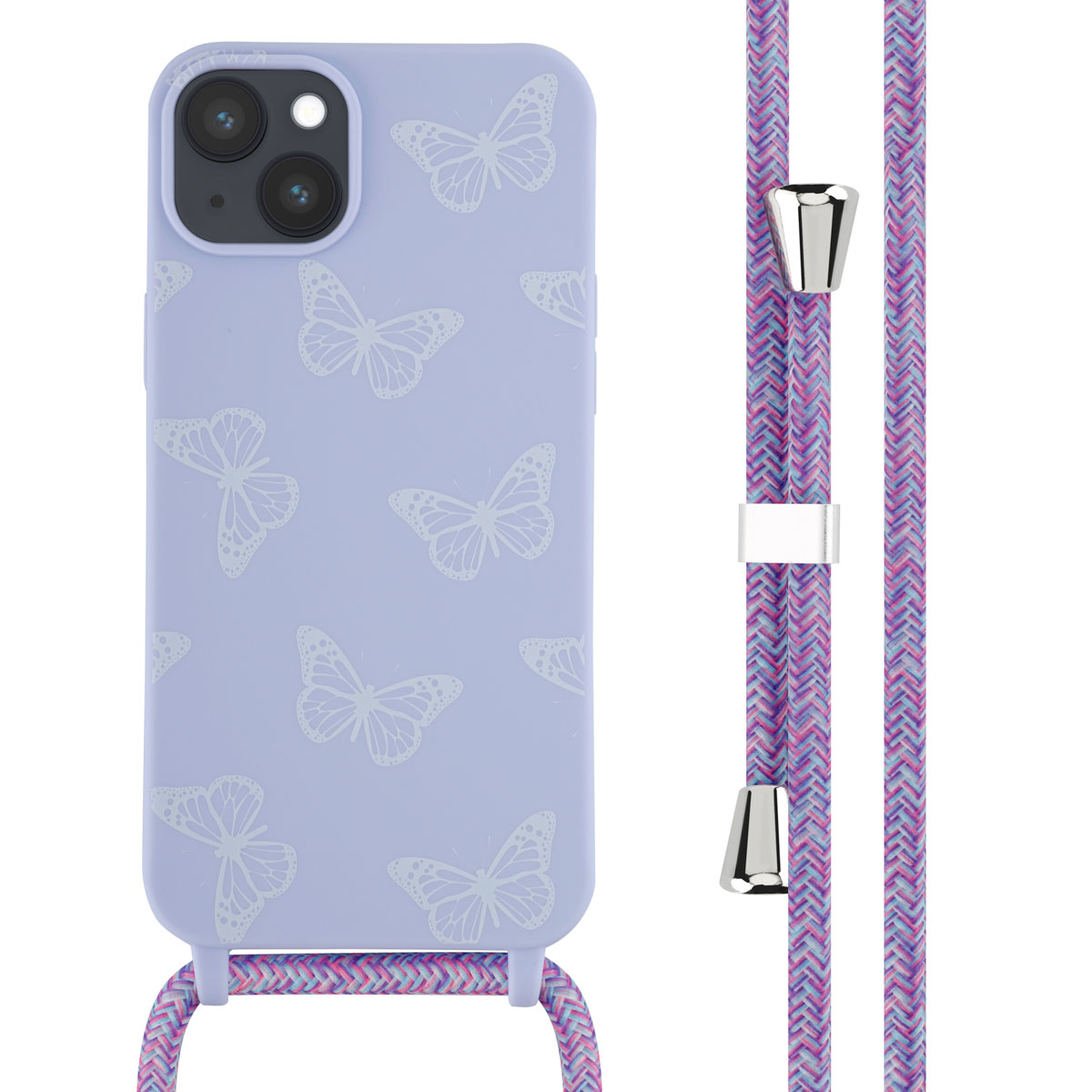 Paarse telefoonhoes met vlinderontwerp en een paars-roze patroonkoord.