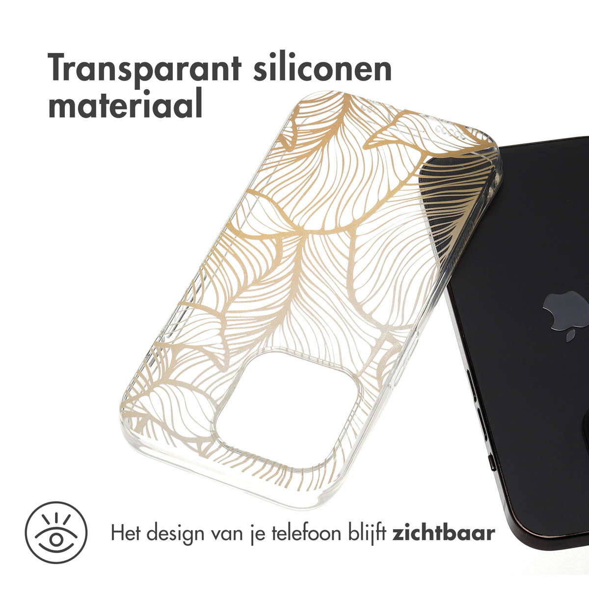 Doorzichtige hoes met goudkleurig bladerpatroon op zwarte telefoon.