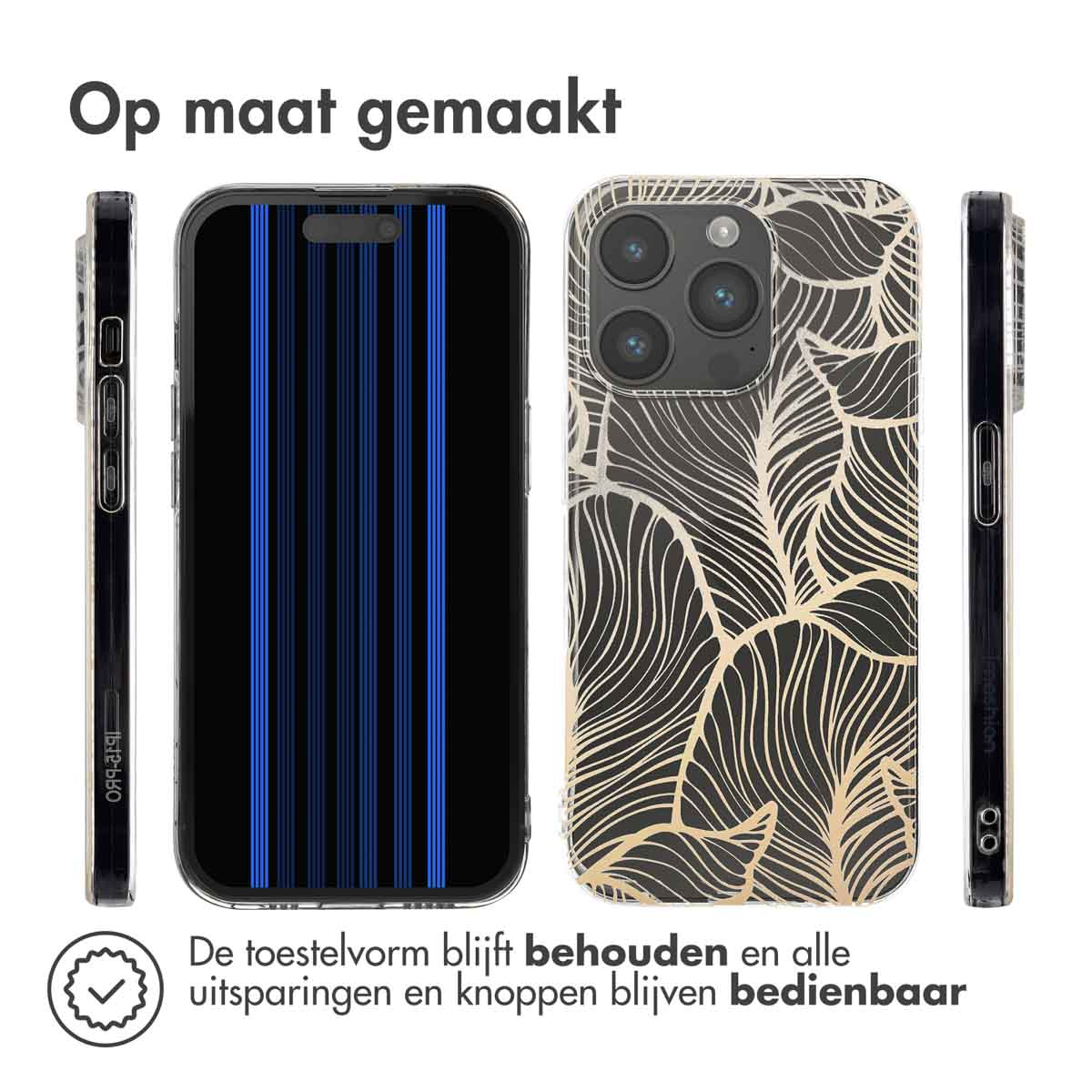 Drie telefoonhoesjes: één met blauwe strepen, één met bladeren.